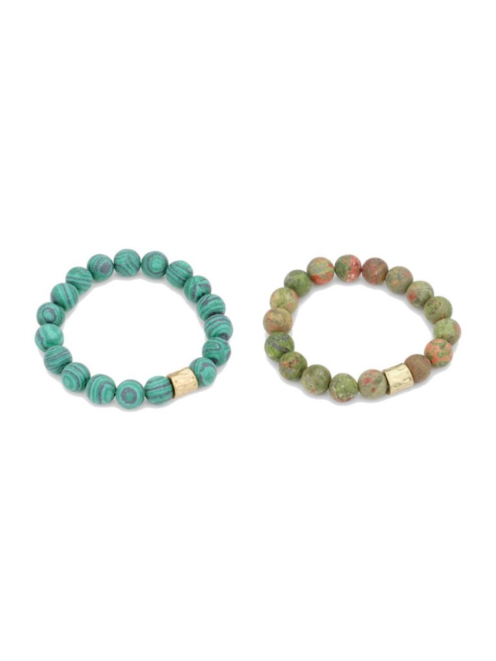 2 Bracelet Set - Green Malachite and Unakite Jasper Stone Stretch Bracelets